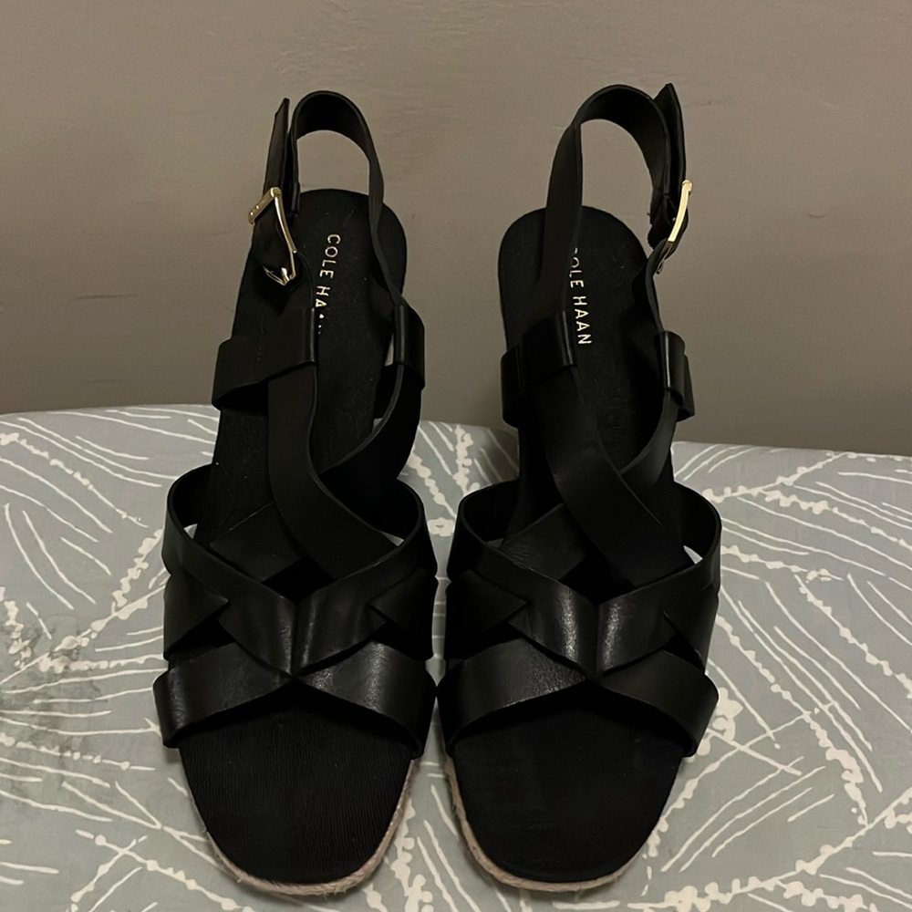 Cole Haan W23573 CRYSTAL WEDGE SANDAL 70MM High Black Women Sz 8